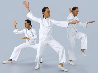 Group Of People Practicing Tai Chi With Different Stances In White Uniforms 3d model