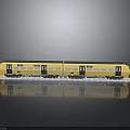 Yellow Train Model With Two Carriages On Display Stand Showcasing Smooth Reflection
