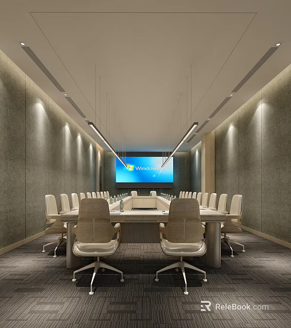 Modern Conference Room With Long Table Chairs Linear Pendant Lighting Large Screen And Windows Interface 3d model