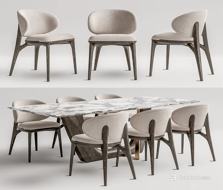 Modern Dining Table Set With Marble Top And Six Light Gray Curved Back Chairs 3d model 
