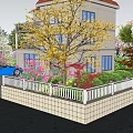 Detached Villa With Red Roof Garden Green Plants Blue Car And Trees