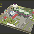 Scenic 3D Model Hospital Landscape With Building Blue Sign Green Trees Roads And Lawns