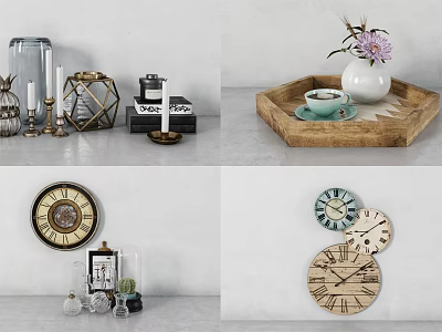 Home Decorative Ornament Sets With Vintage Clock Glass Jar And Geometric Decor 3d model