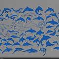 Blue White Dolphin Wall Decor With Various Swimming Shapes And Ocean Theme 3d model