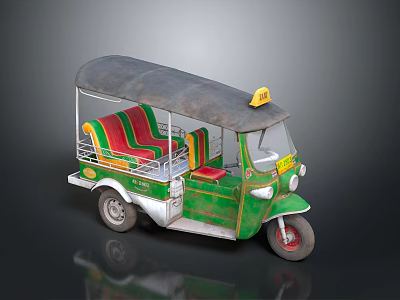 Green Auto Rickshaw With Red And Green Seats Dark Roof And Yellow Taxi Sign 3d model