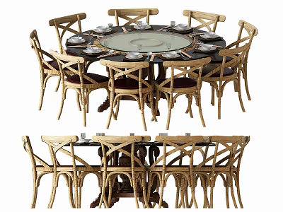 Modern Round Dining Table Set With Matching Wooden Chairs And Glass Top 3d model