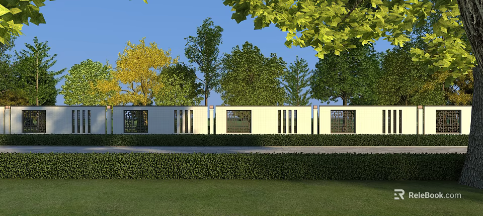 Modern Building Exterior Wall With White Facade Vertical Metal Strips Glass Windows And Green Trees 3d model 