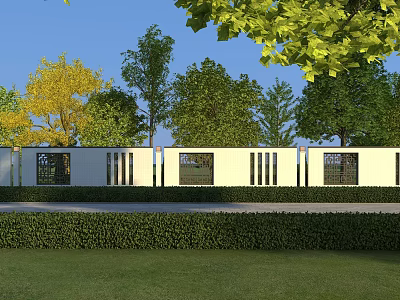 Modern Building Exterior Wall With White Facade Vertical Metal Strips Glass Windows And Green Trees 3d model
