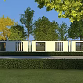 Modern Building Exterior Wall With White Facade Vertical Metal Strips Glass Windows And Green Trees