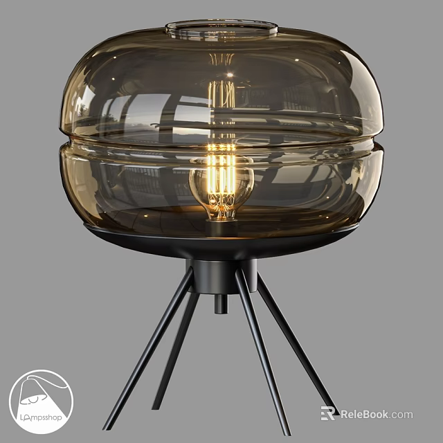 Amber Transparent Glass Table Lamp With Vintage Illuminated Bulb And Black Metal Base 3d model 