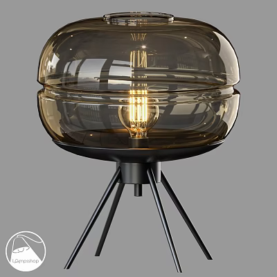 Amber Transparent Glass Table Lamp With Vintage Illuminated Bulb And Black Metal Base 3d model