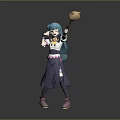 Anime Style Game Character With Teal Hair Purple Dress And Large Spoon Weapon