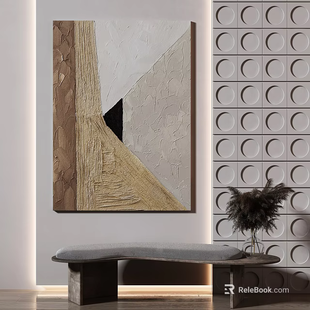 Abstract Textured Painting with Circular Pattern Wall and Decorative Plant on Bench 3d model