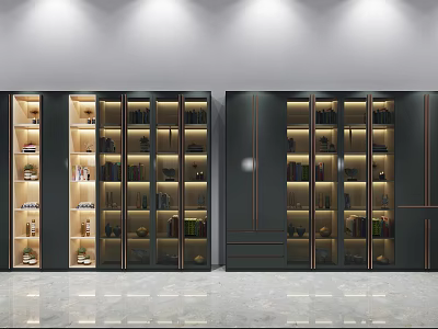 Elegant Modern Decorative Cabinets With Layered Design Built In Lighting And Displayed Decorations And Books 3d model