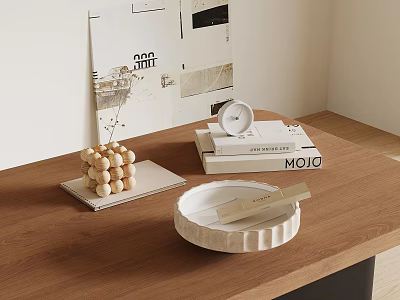 Stacked Books On Wooden Table With White Tray Wooden Spoon Bead Decoration And Wall Posters 3d model