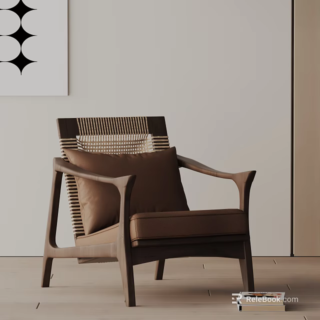 Modern Brown Accent Chair With Wooden Frame Wicker Backrest And Leather Cushion 3d model 
