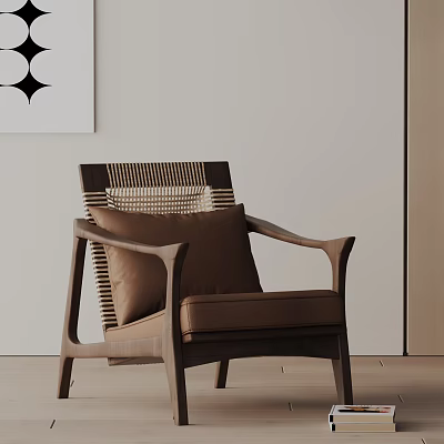 Modern Brown Accent Chair With Wooden Frame Wicker Backrest And Leather Cushion 3d model