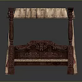 Carved Wooden Four Poster Bed With Red Bedspread And Beige Canopy Drapes