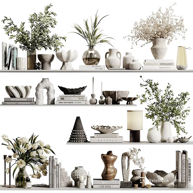 Elegant Modern Decorative Ornaments Set With Vases Green Plants Bowls And Books For Home Decor 3d model 