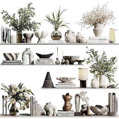 Elegant Modern Decorative Ornaments Set With Vases Green Plants Bowls And Books For Home Decor 3d model