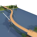 Modern Cable Stayed Bridge With Wooden Walkway Along Waterfront And Green Trees