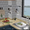 Organized Kitchen Utensils on Wall Rack with Marble Countertop and Fresh Vegetables