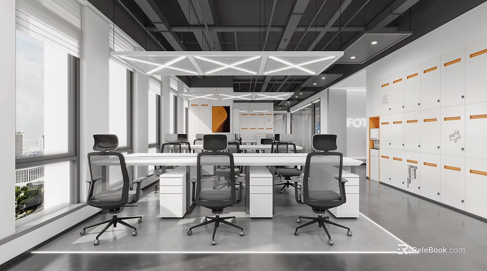 Modern Public Office Area With Spacious Layout Rectangular Tables Ergonomic Chairs And Geometric Pendant Lights 3d model