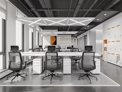 Modern Public Office Area With Spacious Layout Rectangular Tables Ergonomic Chairs And Geometric Pendant Lights 3d model