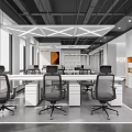 Modern Public Office Area With Spacious Layout Rectangular Tables Ergonomic Chairs And Geometric Pendant Lights 3d model