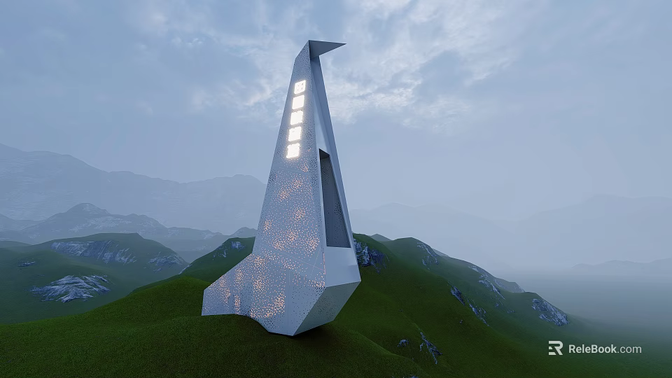 Modern Geometric Tower on Green Hillside with Mountain Mist Metal Facade and Illuminated Windows 3d model 