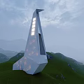 Modern Geometric Tower on Green Hillside with Mountain Mist Metal Facade and Illuminated Windows