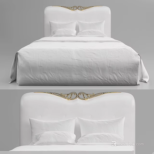 Double Bed with White Bed Sheets Pillows and White Headboard Golden Decoration 3d model 