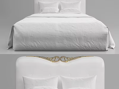 Double Bed with White Bed Sheets Pillows and White Headboard Golden Decoration 3d model