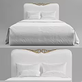 Double Bed with White Bed Sheets Pillows and White Headboard Golden Decoration