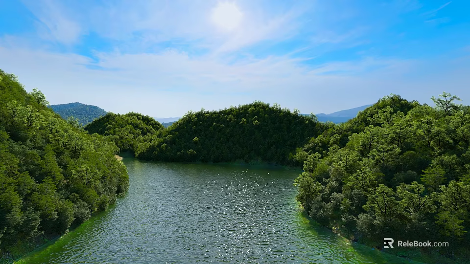 Picturesque Sunny Natural Landscape With Lush Forested Hills And Calm River Under Bright Blue Sky 3d model 