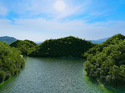 Picturesque Sunny Natural Landscape With Lush Forested Hills And Calm River Under Bright Blue Sky 3d model
