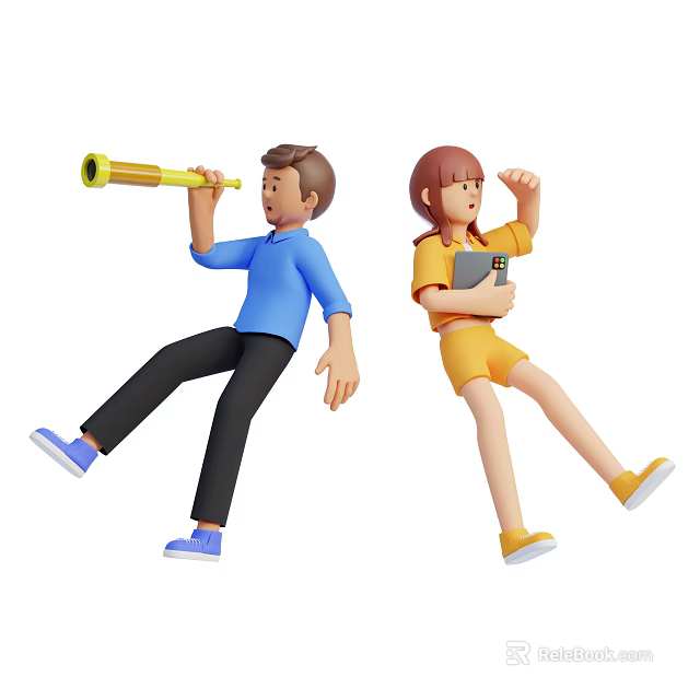 Two People Exploring With Telescope And Digital Tablet Together 3d model 