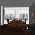 Modern Office Interior With Wooden Flooring Desks Black Chairs And City View Windows