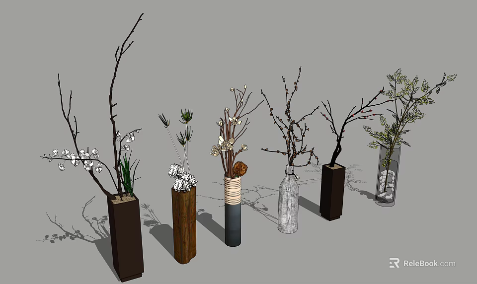 Wooden Glass And Ceramic Vases With Branches And Greenery In Modern 3d model 