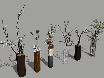 Wooden Glass And Ceramic Vases With Branches And Greenery In Modern 3d model