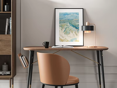 Wooden Desk With Brown Chair Black Mug Open Book Table Lamp And Wall Art Painting 3d model