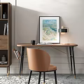Wooden Desk With Brown Chair Black Mug Open Book Table Lamp And Wall Art Painting