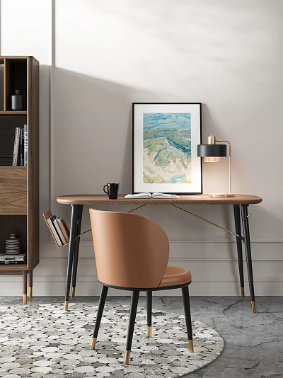 Wooden Desk With Brown Chair Black Mug Open Book Table Lamp And Wall Art Painting 3d model