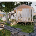 Tranquil Garden Landscape Featuring Thatched Pavilions White Curtains Bamboo Walkway Stone Path And Greenery