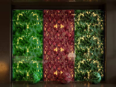Decorative Room Divider With Green Red Panels LED Lights And Spheres 3d model