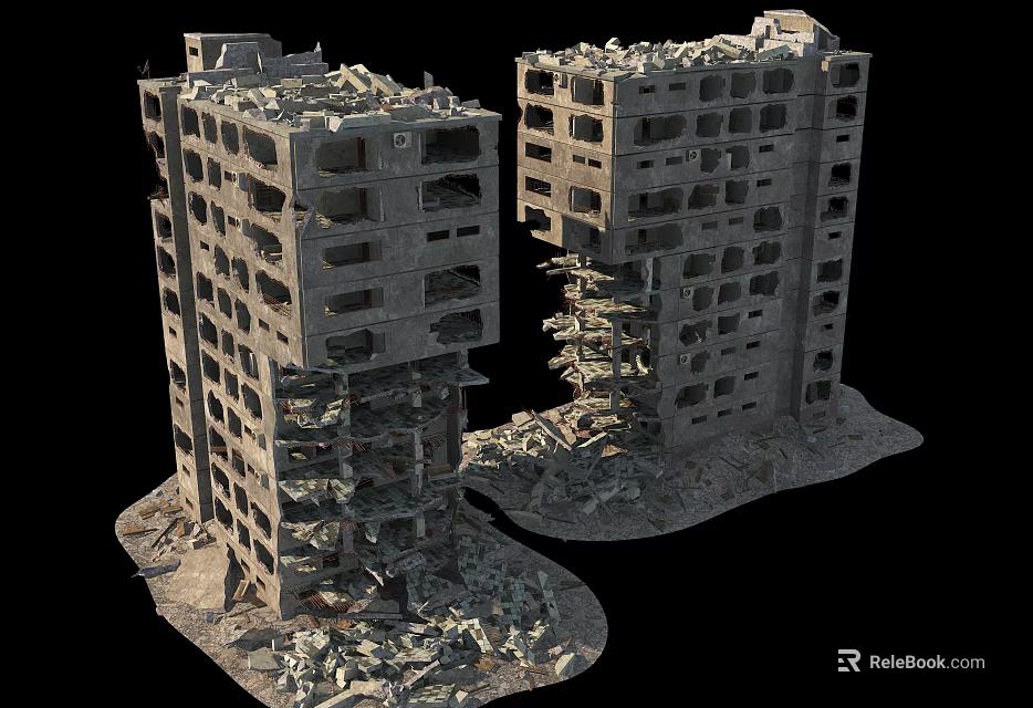Collapsed High Rise Building Structure With Damaged Concrete Floors And Broken Frames 3d model 