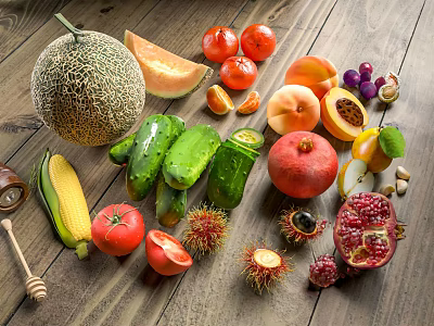 Fresh Assorted Fruits and Vegetables with Melon Cucumbers Tomatoes and Nuts on Rustic Wooden Table 3d model