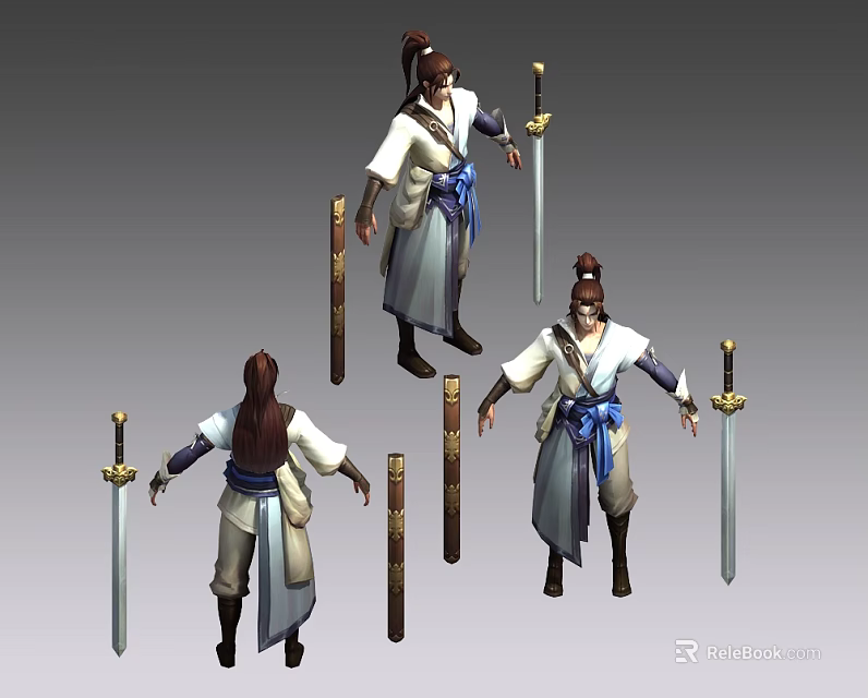 Game Film Character Design In Traditional Costume With Long Hair Blue Sash And Swords 3d model 