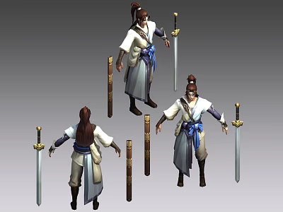 Game Film Character Design In Traditional Costume With Long Hair Blue Sash And Swords 3d model