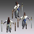 Game Film Character Design In Traditional Costume With Long Hair Blue Sash And Swords